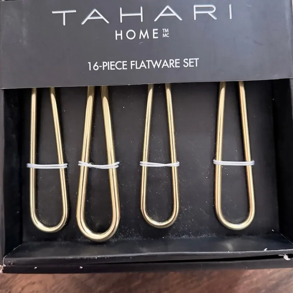 Tahari Home Cutlery Flatware gold color MCM style dining mid-century modern